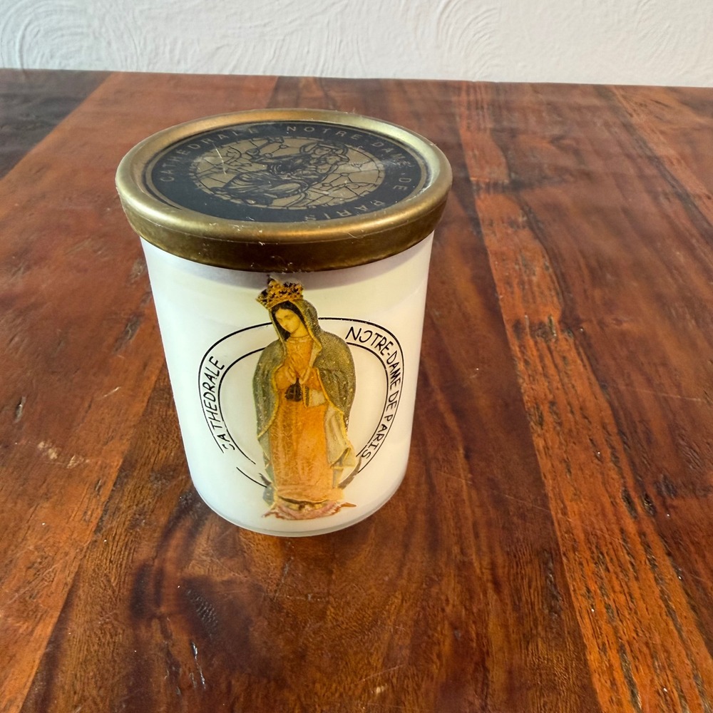 Notre Dame de Paris Virgin Mary Votive Candle Souvenir Glass Jar with Gold Lid
